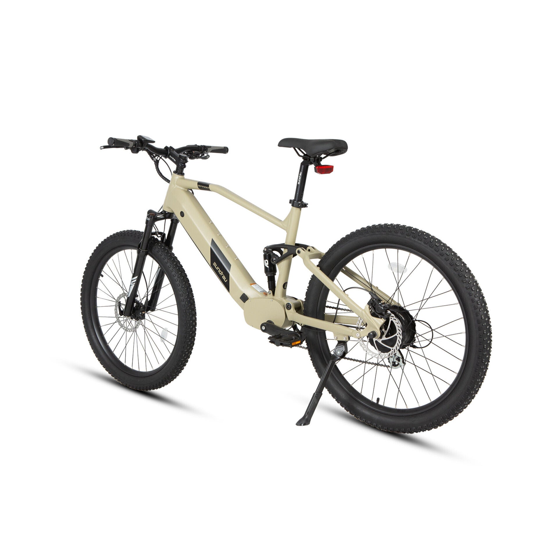 Rear angled view of the safari-colored Eunorau Defender mountain e-bike with a thumb throttle and durable 27.5-inch alloy rims, ideal for conquering steep inclines and rugged paths.