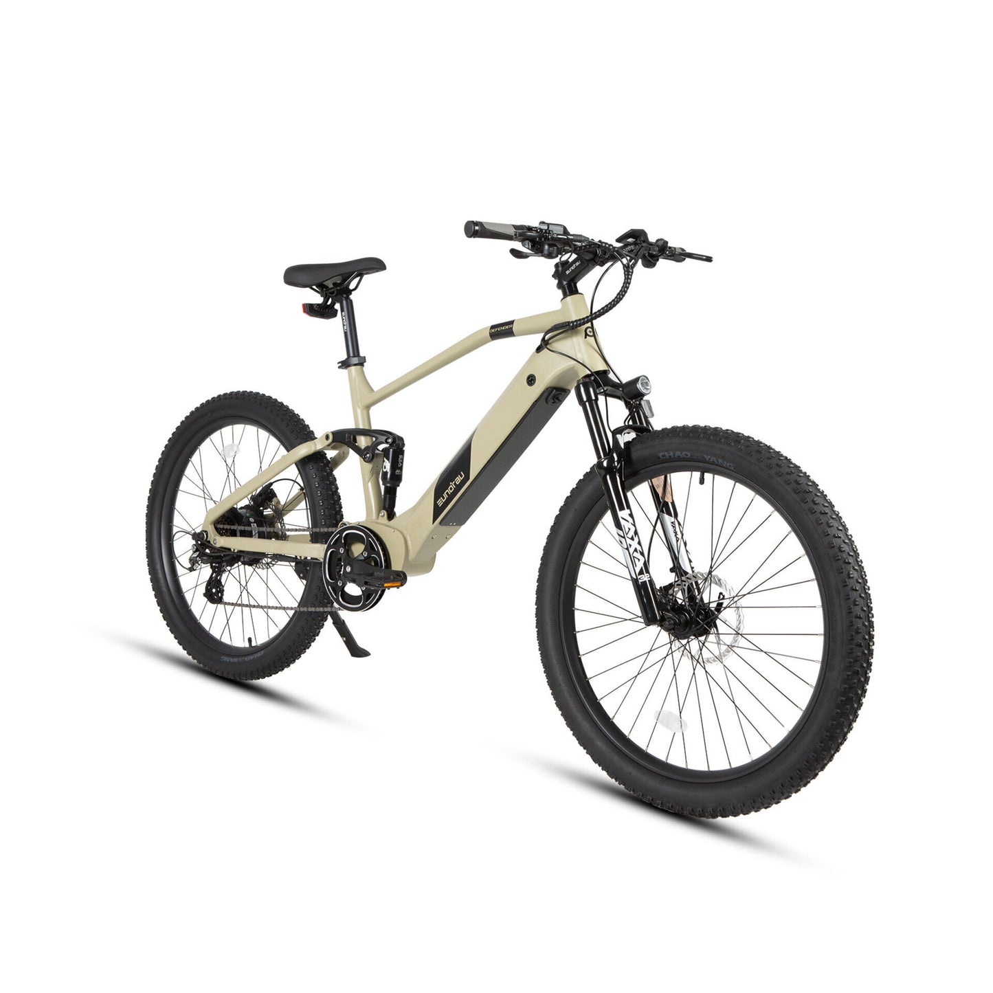 Front angled view of the safari-colored Eunorau Defender electric mountain bike with 3-inch fat tires, optimized for off-road adventures and urban commuting, with a dual-battery design.