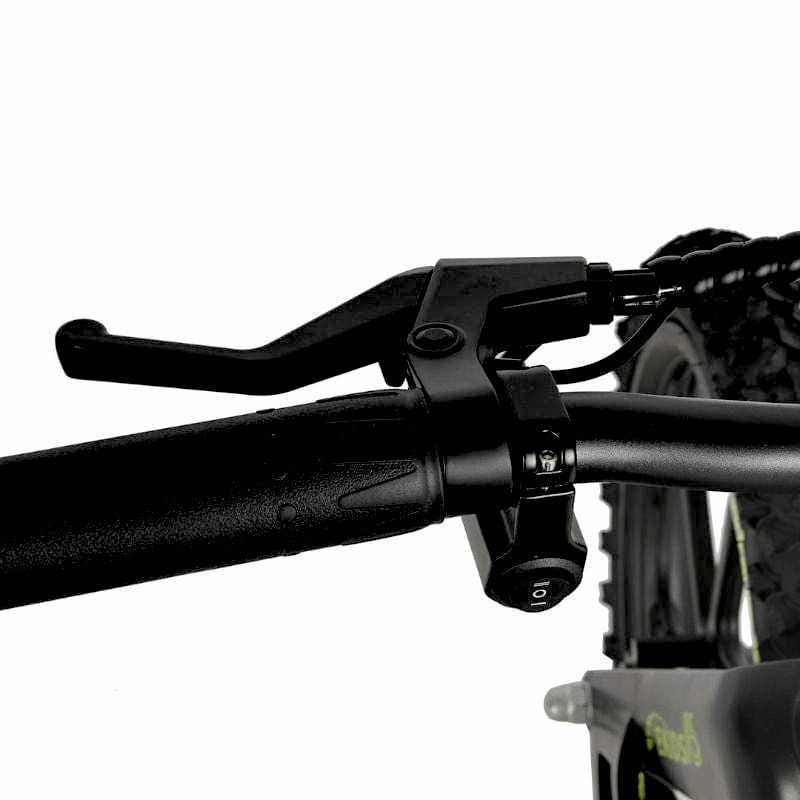 Close-up of an e-bike handlebar showing a three-speed selector switch, offering speed options of 5, 7.5, and 12.5 MPH, designed for flexible riding conditions with safety-focused gradual acceleration.