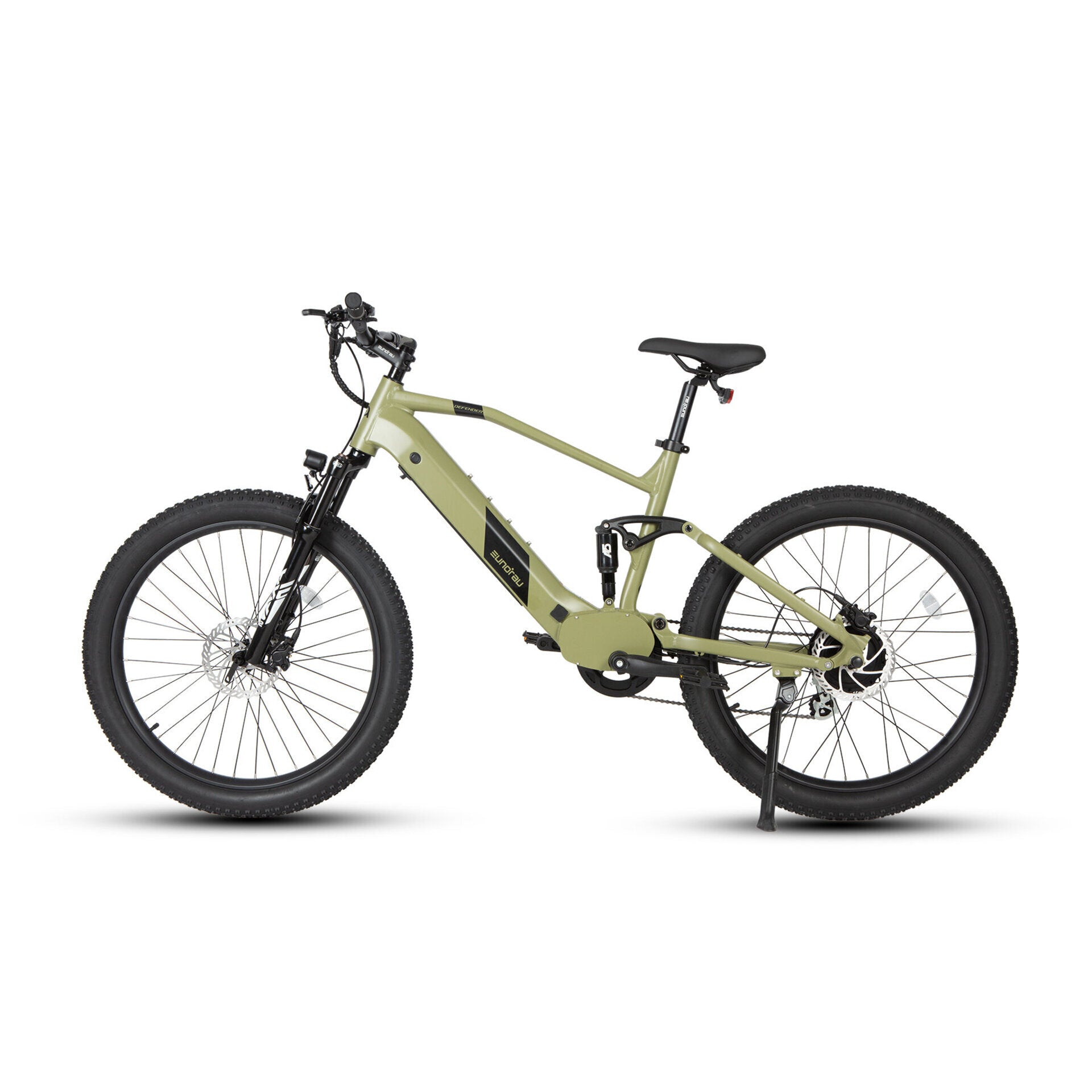 Eunorau Defender Full-Suspension 500W E-Bike - angled front view in army green
