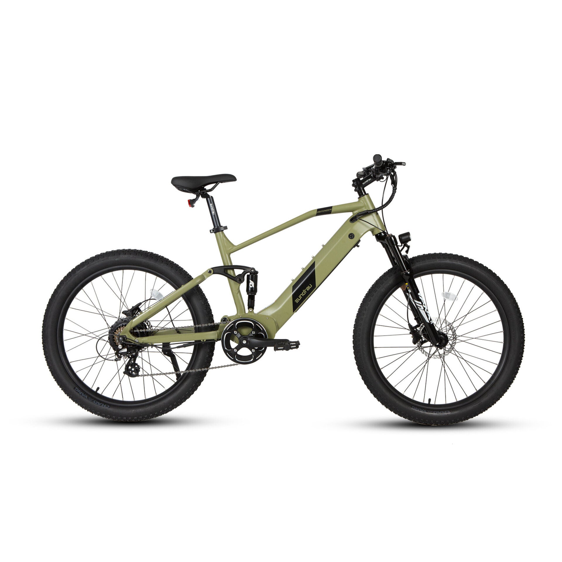 Side view of the army green Eunorau Defender full-suspension electric mountain bike, featuring a 500W rear hub motor and dual-suspension for smooth rides on rough terrains.