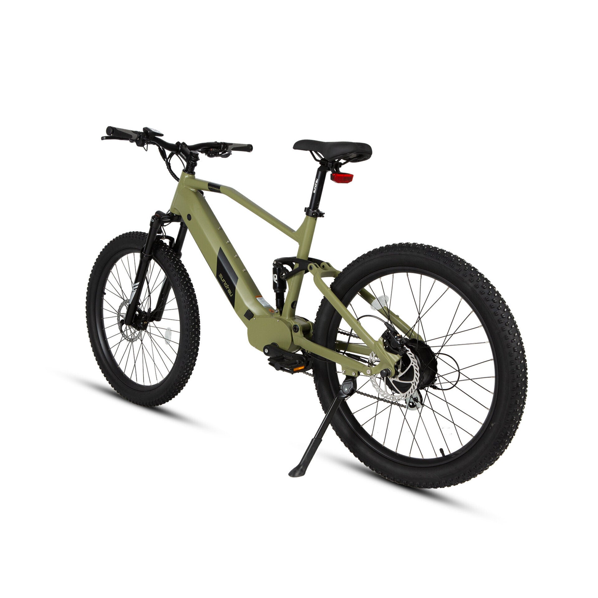 Rear angled view of the army green Eunorau Defender all-terrain electric mountain bike, highlighting its dual-suspension setup and Shimano 7-speed shifter for versatile riding performance.