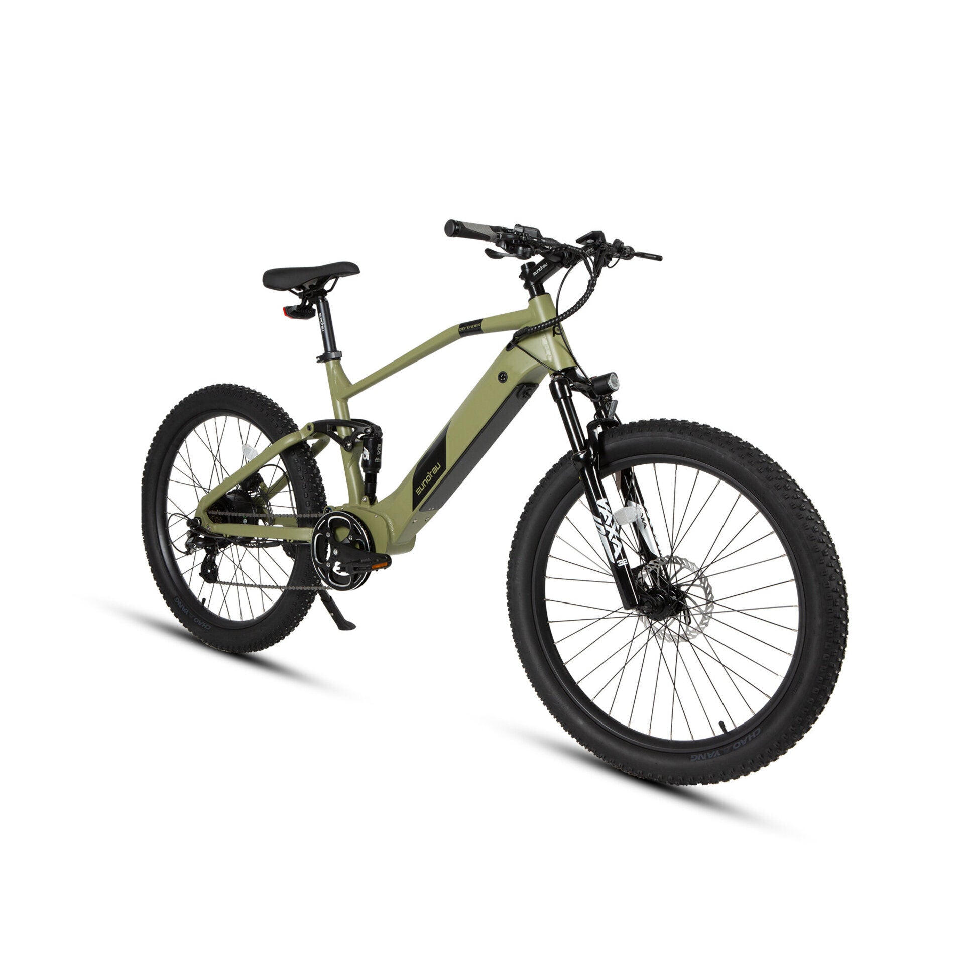 Front angled view of the army green Eunorau Defender full-suspension mountain e-bike, featuring 27.5-inch Chaoyang tires and a Zoom suspension fork for enhanced control and stability on rough trails.