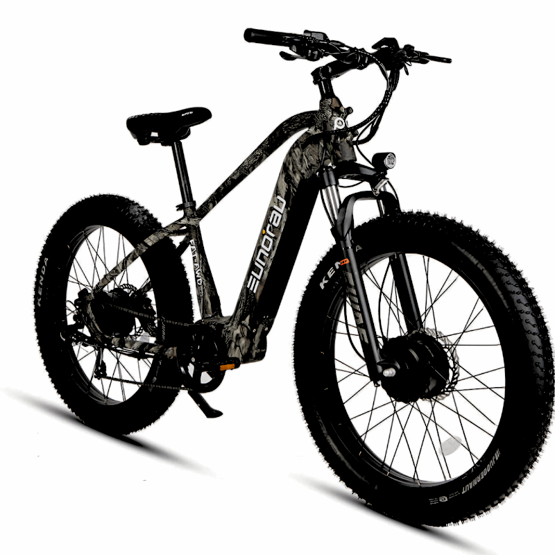 Versatile 26" FAT-AWD 26 E-Bike in maple camo, designed with dual motors and ergonomic features for comfort.