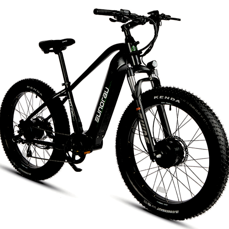 Powerful 26" FAT-AWD 26 E-Bike in black, featuring a long-range battery and adjustable stem for customized comfort.