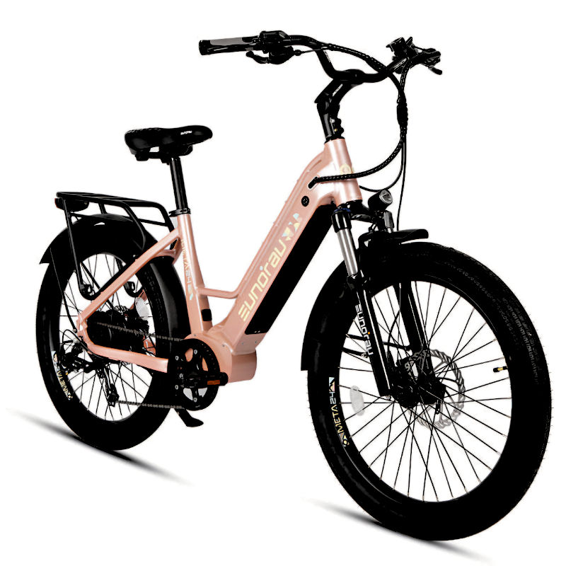 Pastel pink META24/26-ST 2024 e-bike, featuring a 500W motor and advanced torque sensor.