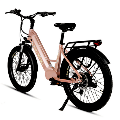 Comfortable and powerful META24/26-ST 2024 e-bike in pastel pink, designed for versatile riding.