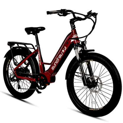 Crimson red META24/26-ST 2024 e-bike, equipped with a 48V 15Ah battery and integrated brake taillight.