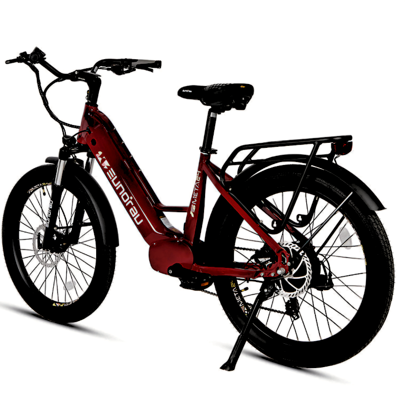 Dynamic and robust META24/26-ST 2024 e-bike in crimson red, featuring a 500W hub motor.