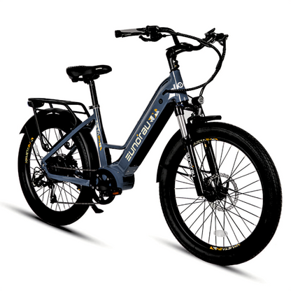 Steel blue META24/26-ST 2024 e-bike, featuring a powerful 500W motor and torque sensor.