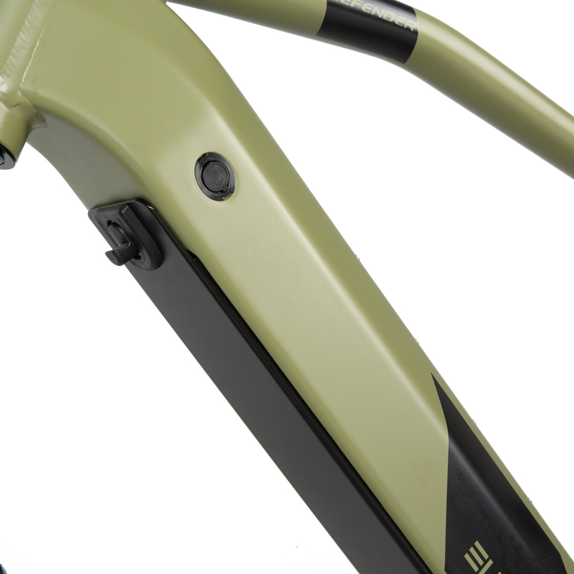 Close-up of an e-bike frame with integrated battery compartment, featuring a streamlined design and charging port on the side for easy access.