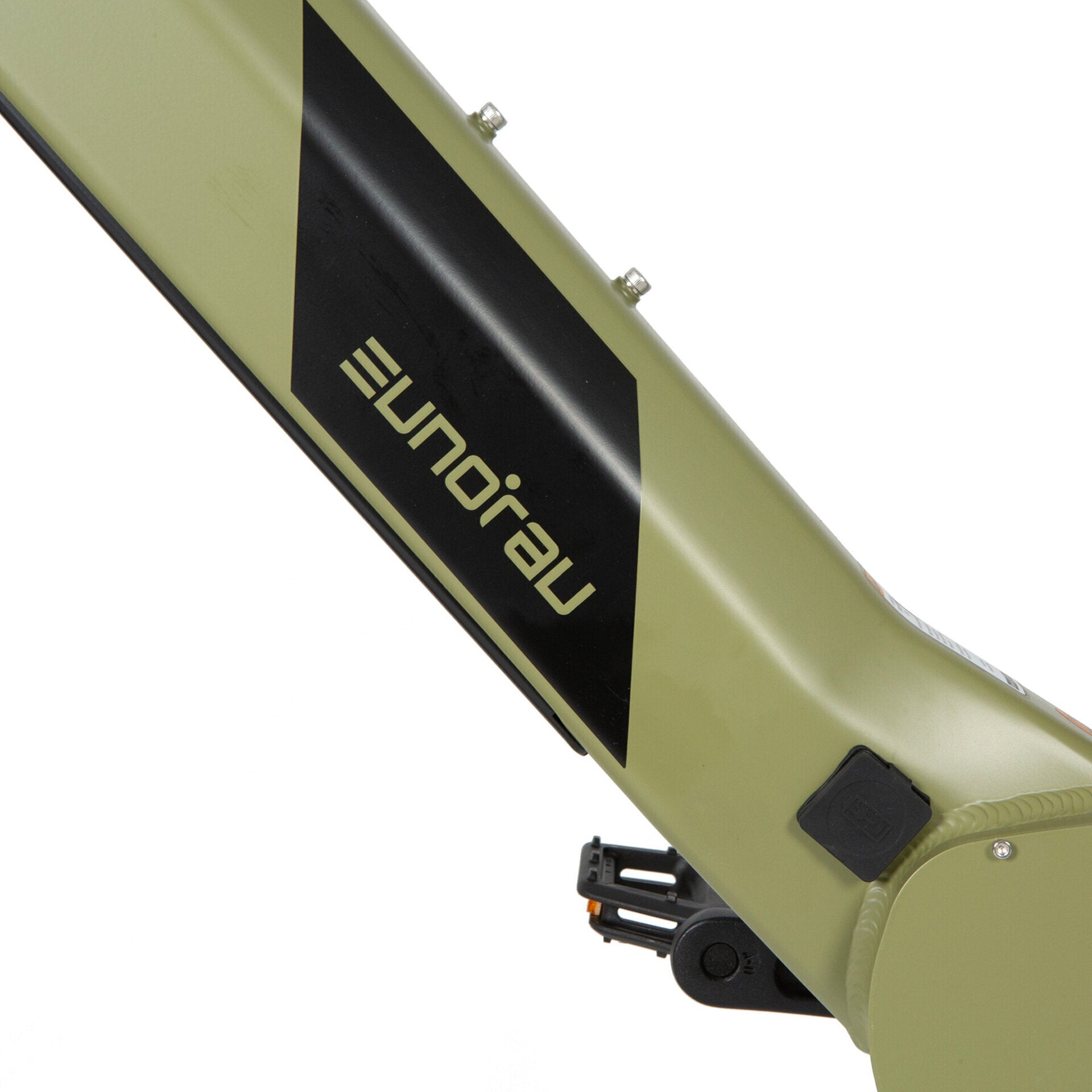 Close-up of the top tube of an e-bike frame featuring the 'Defender' branding, showcasing the sleek design of the bike's frame.