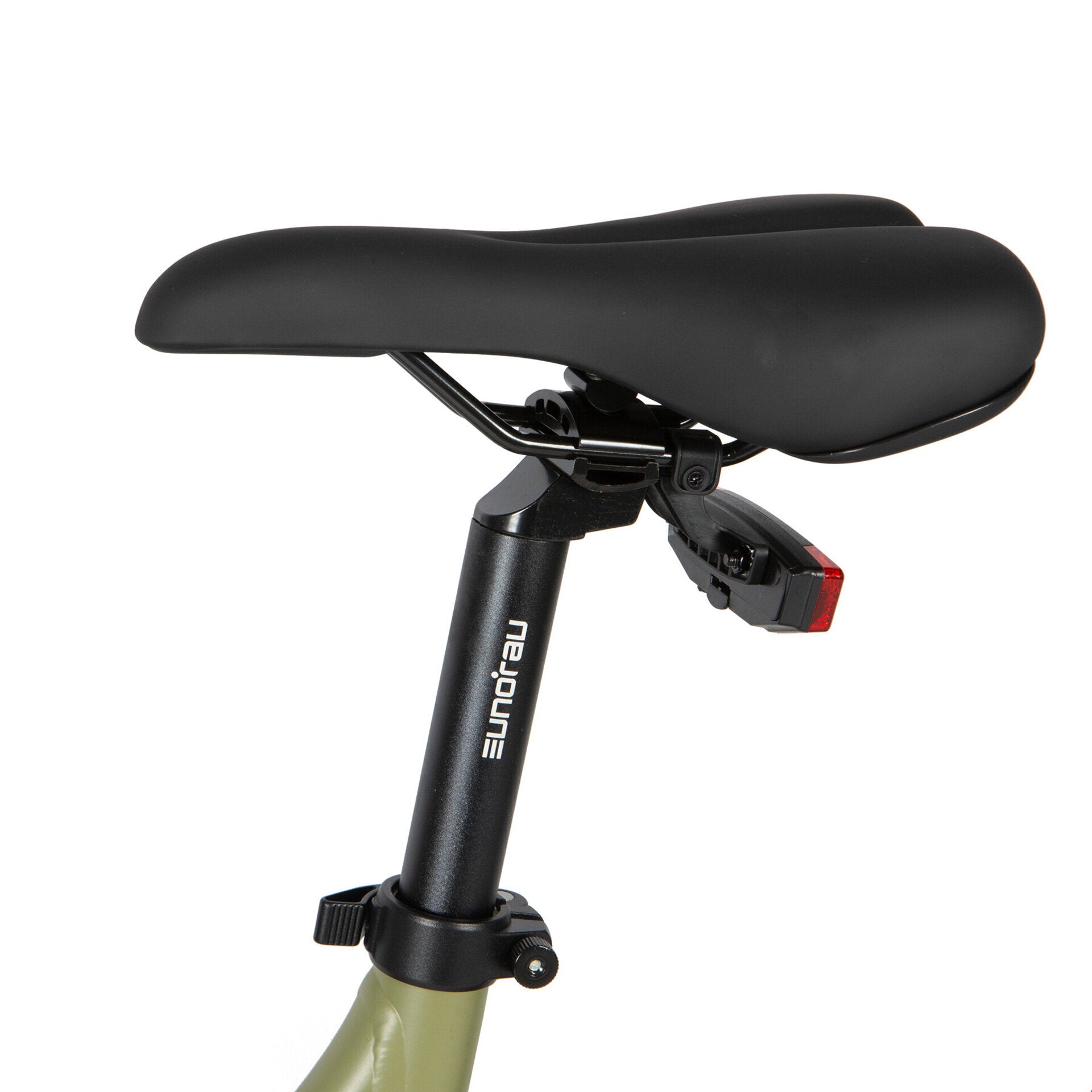 Close-up of an e-bike saddle and seat post with EUNORAU branding, featuring a rear light mounted beneath the saddle for added visibility and safety.