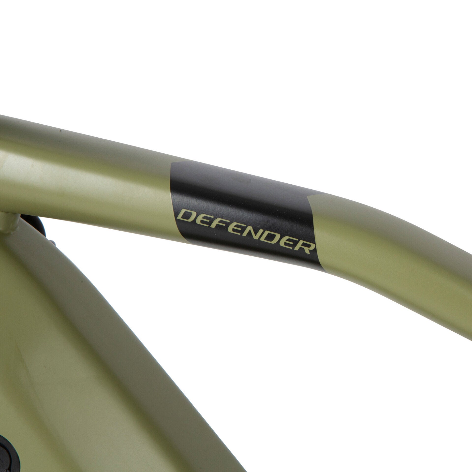 Close-up of the top tube of an e-bike frame featuring the 'Defender' branding, showcasing the sleek design of the bike's frame.