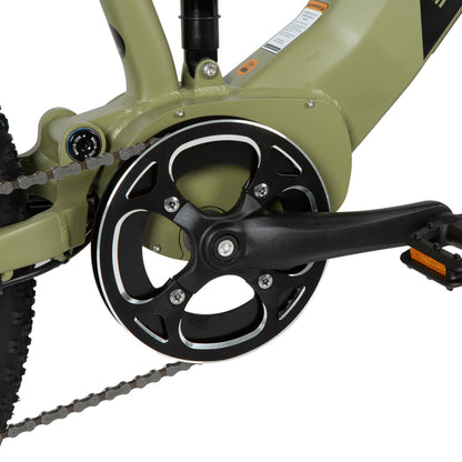 Close-up of the front chainring on an e-bike, featuring an aluminum bash guard to protect the chainring teeth and secure the chain, providing enhanced durability for off-road riding.