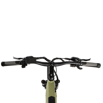 Front view of an e-bike handlebar showing grips, brake levers, gear shifters, and control buttons, providing a rider's perspective for comfortable and efficient control.