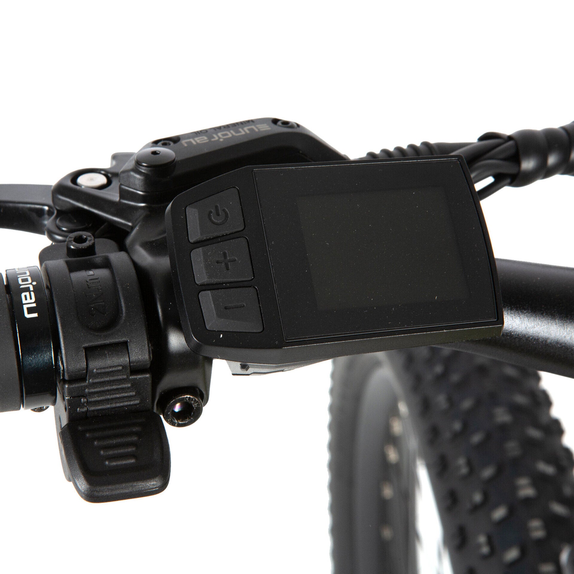 Close-up of the front hydraulic disc brake with a 180mm rotor mounted on an e-bike, providing reliable braking power and control for various terrains.