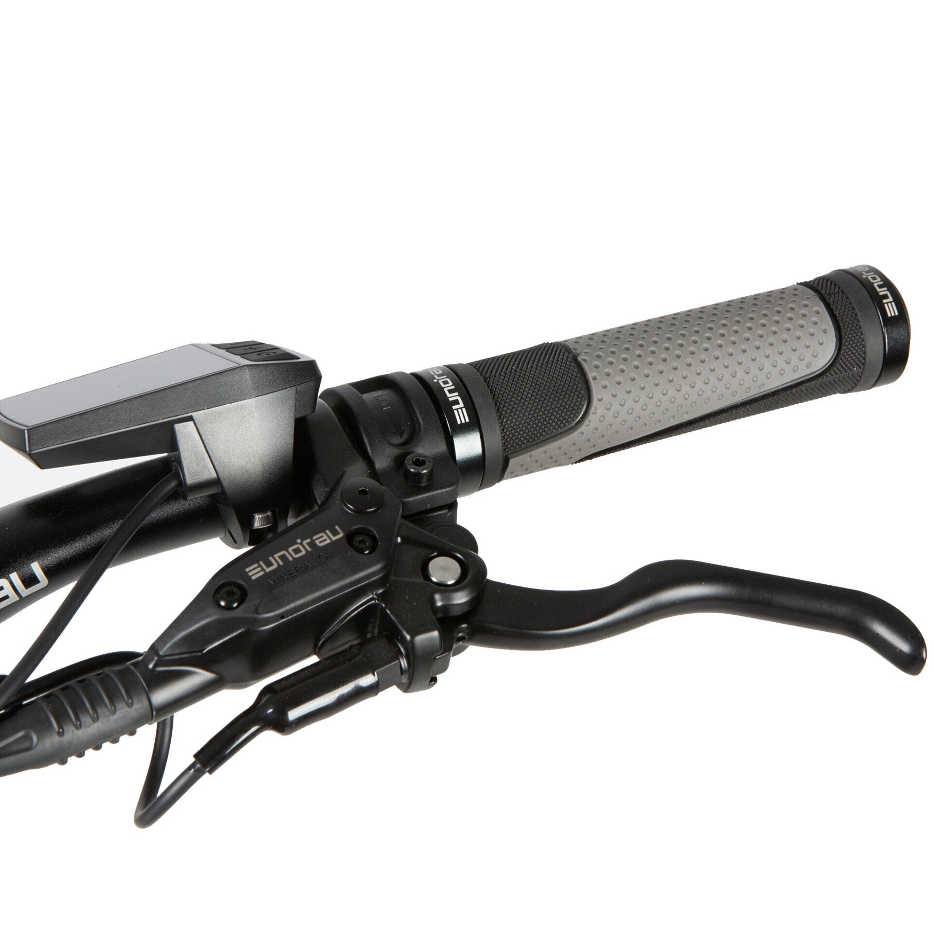 Close-up of the right grip and hydraulic brake lever on a EUNORAU Defender full suspension e-MTB, featuring textured mountain bike grips designed for increased control and confidence while riding.