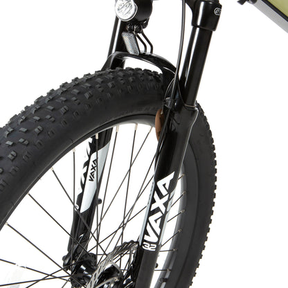 Close-up of the Zoom Vaxa 100mm suspension fork on an e-bike, designed to absorb shocks and bumps, improving comfort and handling on rough terrain.