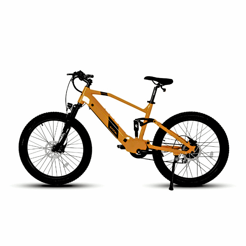 Side view of the Eunorau Defender full-suspension orange electric mountain bike with 3-inch tires, featuring a sleek frame design, ideal for urban and off-road trails.