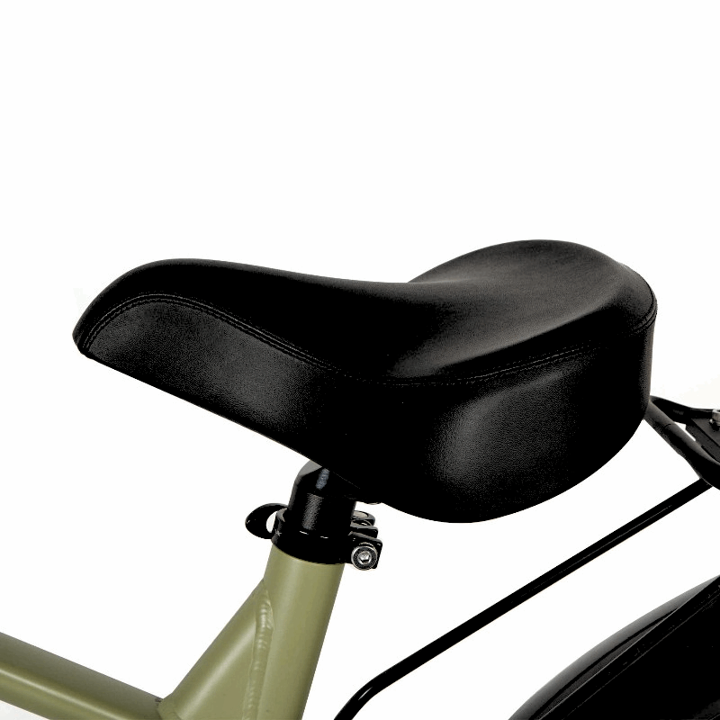 Close-up of the FAT-HD eBike's large black saddle, designed for comfort and stability during long rides.