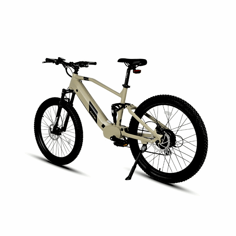 Rear-side view of the Eunorau Defender full-suspension safari electric mountain bike, highlighting the drivetrain and sturdy frame suitable for trail riding.