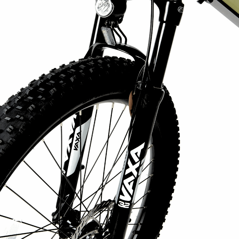 Close-up of the Zoom Vaxa 100mm suspension fork on an e-bike, designed to absorb shocks and bumps, improving comfort and handling on rough terrain.