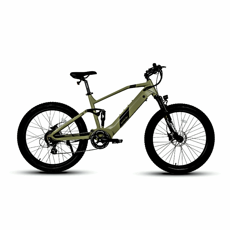 Side view of army green e-bike featuring a full suspension system, thick off-road tires, and a streamlined frame design, suitable for rugged terrain and outdoor adventures.