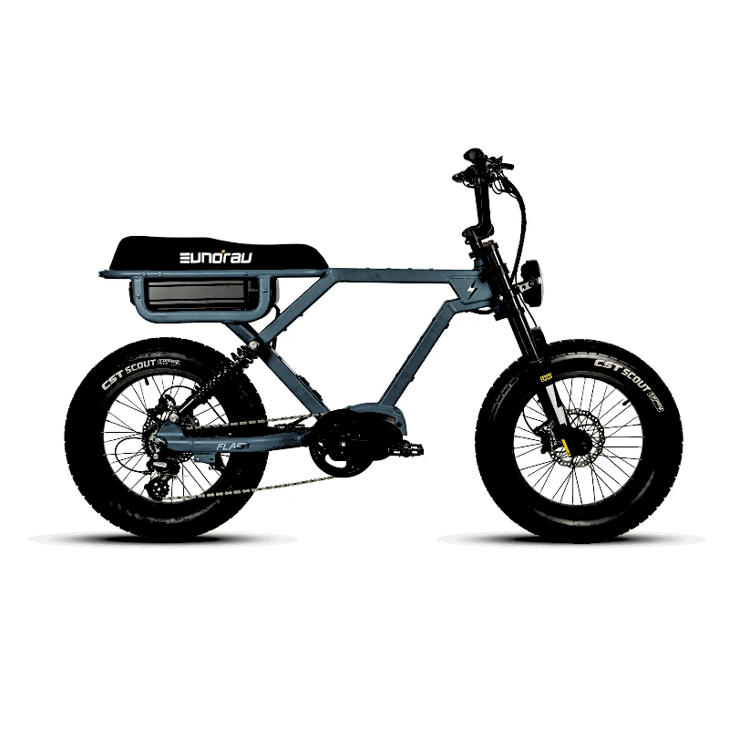 Side to Right View of Moon Black FLASH Moped 3 simultaneous e-Bike Battery 220 Miles Endurance