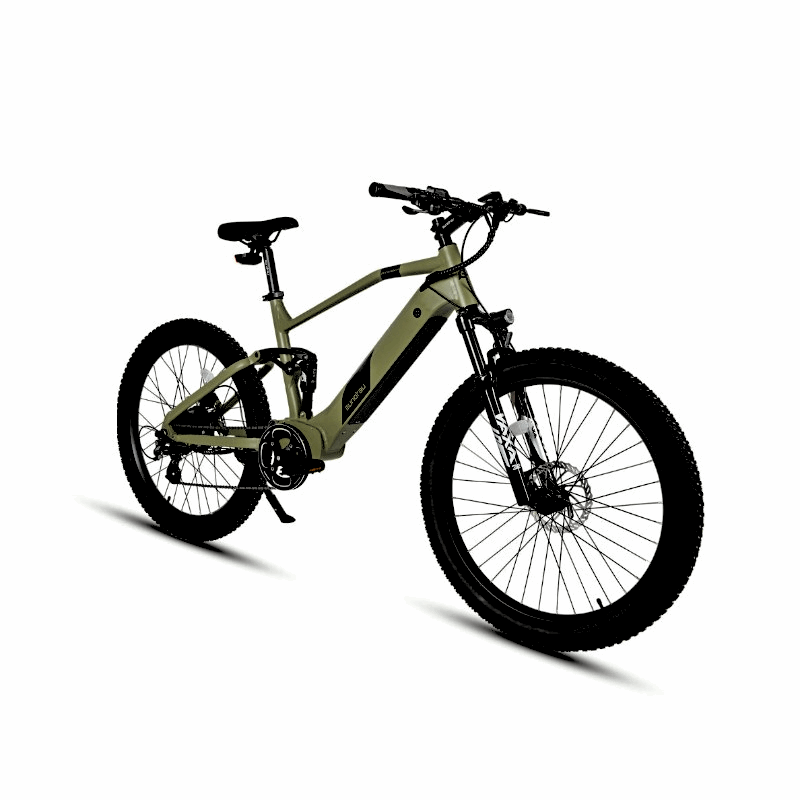 Angled front-side view of the Eunorau Defender full-suspension army green electric mountain bike, showcasing the bike's thick tires and rugged suspension for all-terrain riding.