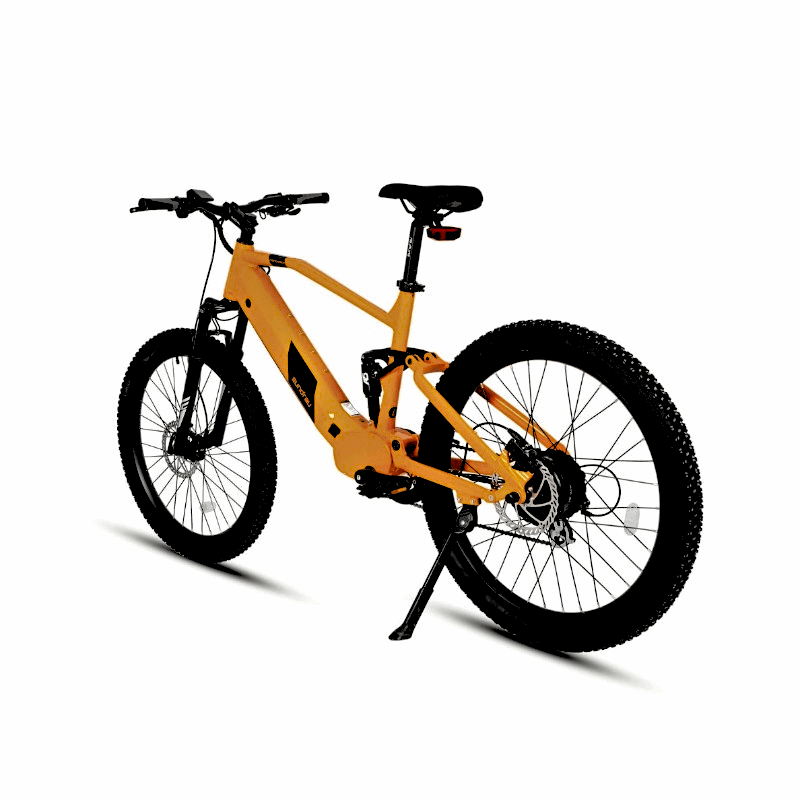 Rear-side view of the Eunorau Defender full-suspension orange electric mountain bike, highlighting the drivetrain and sturdy frame suitable for trail riding.