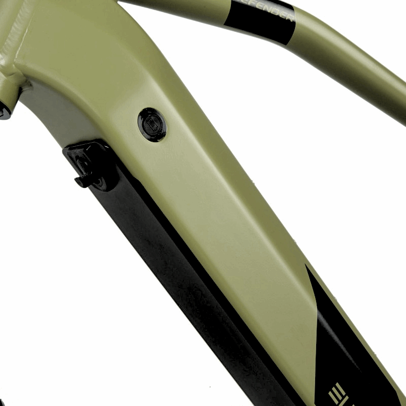 Close-up of an e-bike frame with integrated battery compartment, featuring a streamlined design and charging port on the side for easy access.