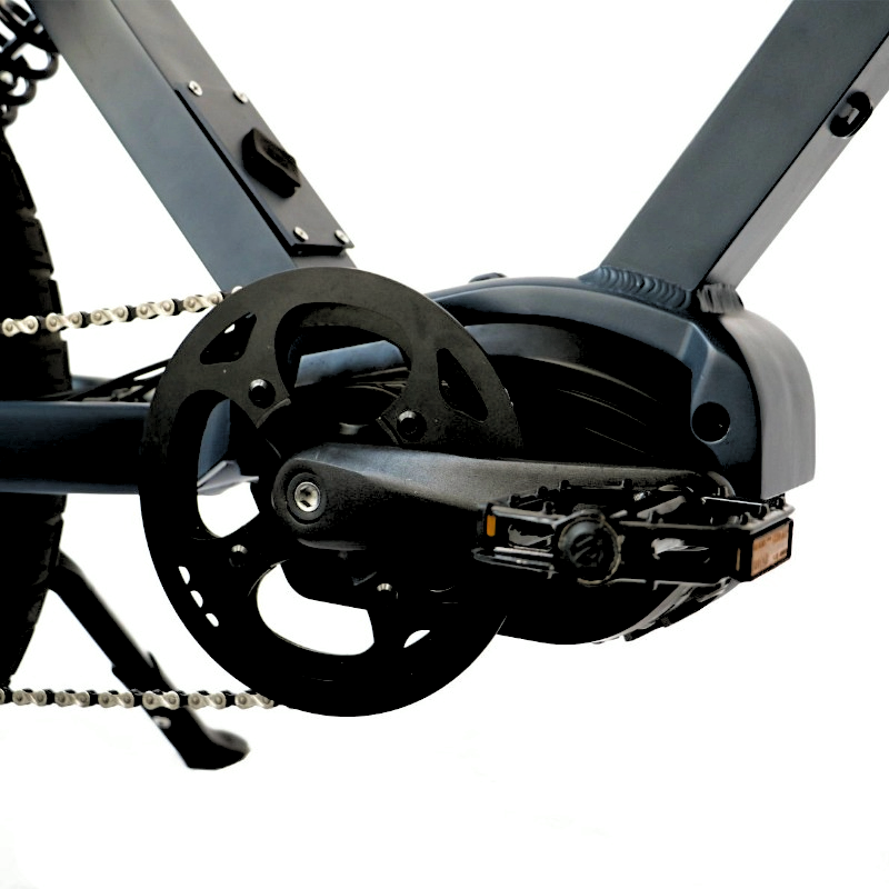 Close-up of an e-bike's crankset, pedals, and chainring, highlighting the mid-drive motor system for efficient power transfer.