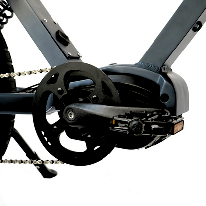 Close-up of an e-bike's crankset, pedals, and chainring, highlighting the mid-drive motor system for efficient power transfer.