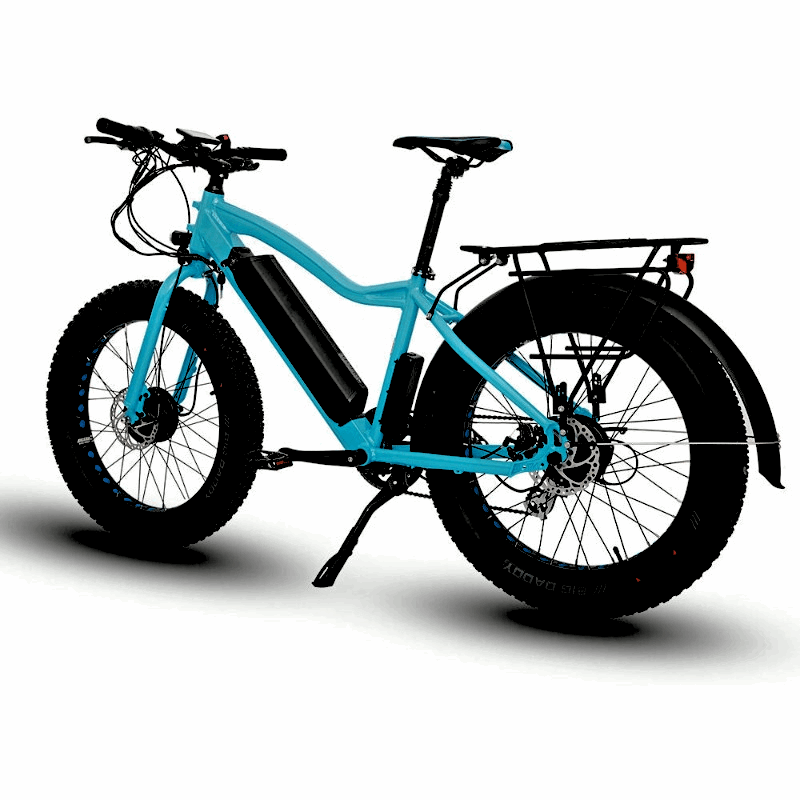 Scooter blue FAT-AWD Winter E-Bike, featuring on-the-fly motor switching and a removable battery.