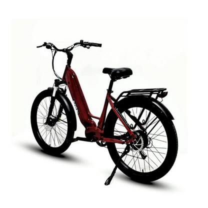 Rear Angle View META275 Step-Thru Red 900W Peak Power City Commuting eBike