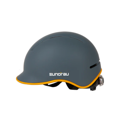 EUNORAU Genesis Jr. Bike Helmet in gunmetal grey, featuring a durable PC shell, shock-absorbing EPS foam, adjustable strap, 8 ventilation vents, and a 3-mode helmet light, designed for children's safety and comfort.