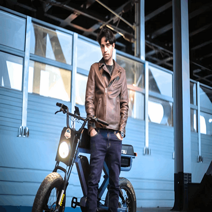 A rider standing next to the EUNORAU e-bike in an urban setting, emphasizing the bike's modern and sleek design.