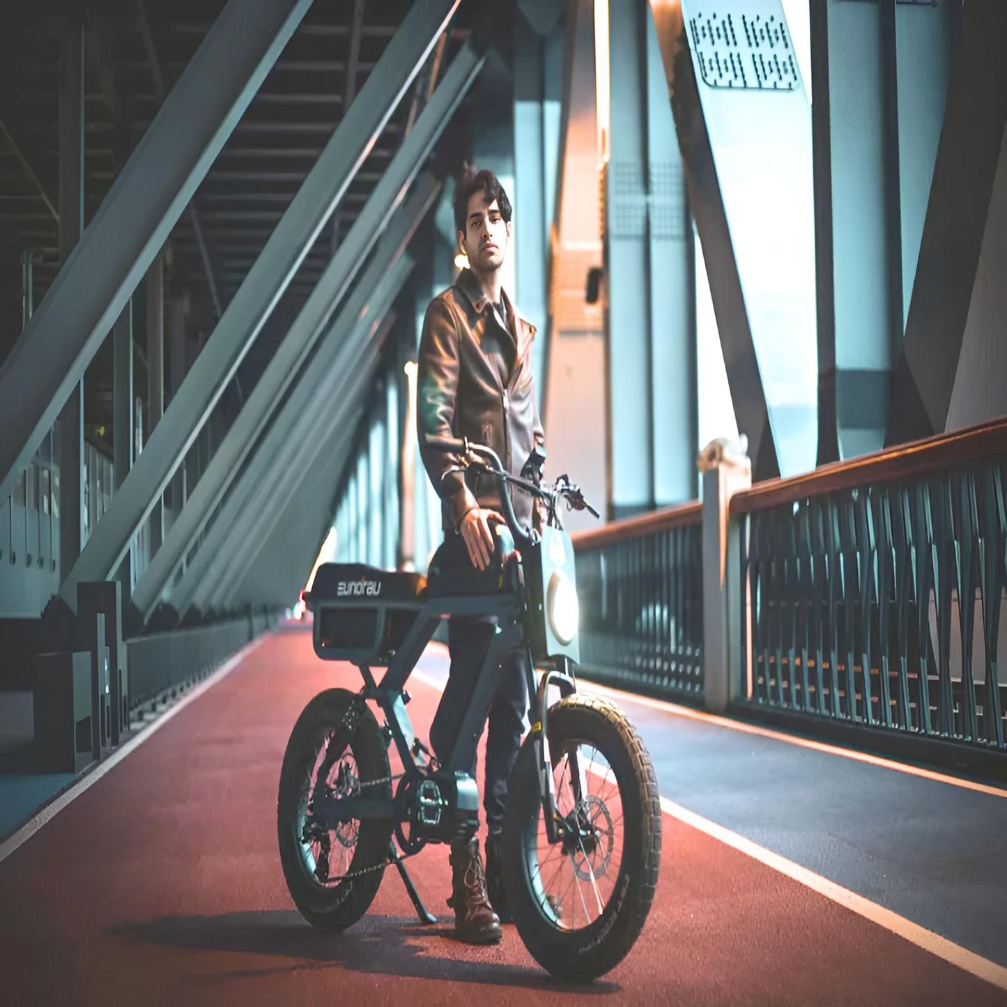 A rider standing confidently beside the EUNORAU e-bike on a bridge, highlighting the e-bikeâ€™s design against a contemporary backdrop.