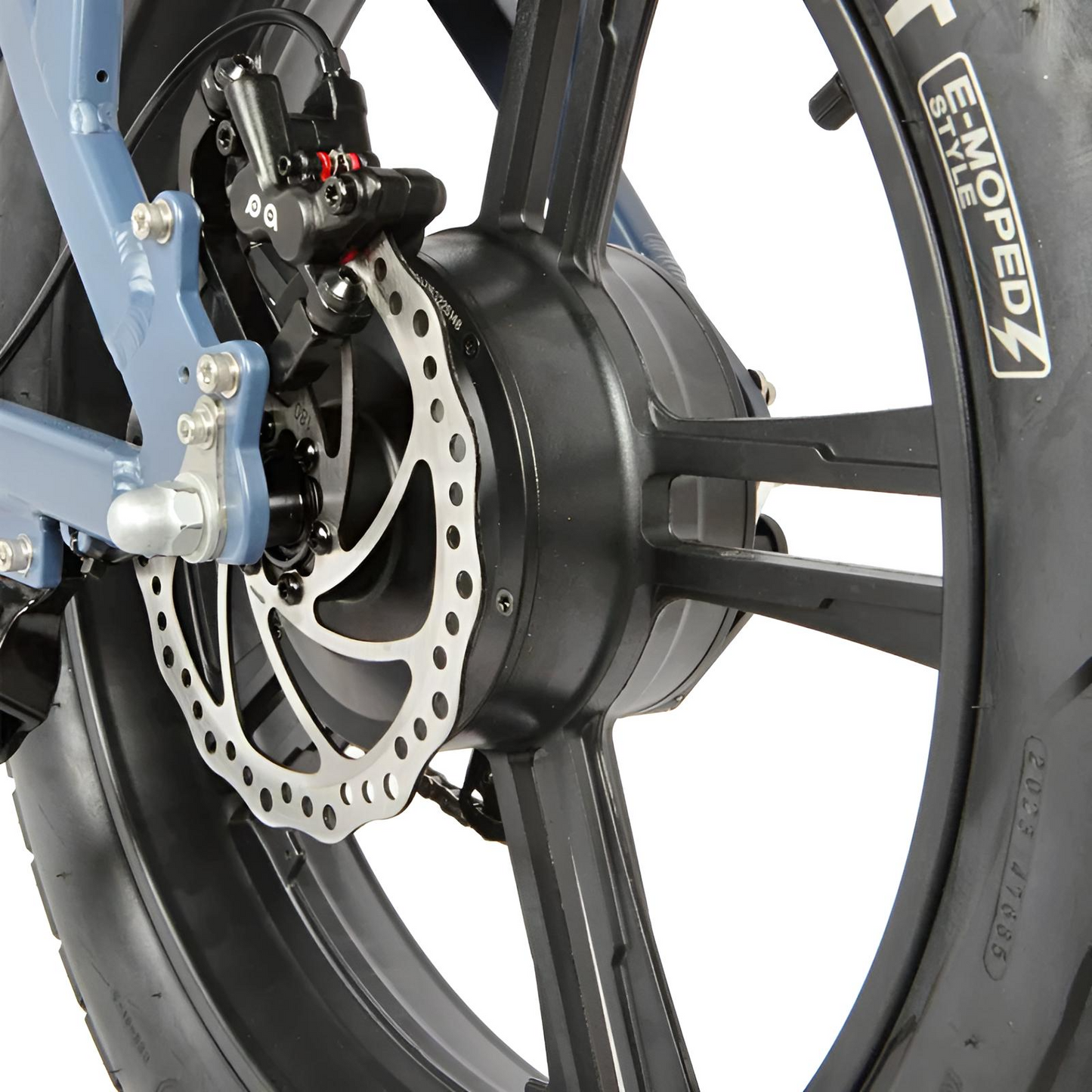 A close-up of the rear brake and wheel assembly of the EUNORAU e-bike, showcasing its high-performance disc brakes and durable tires