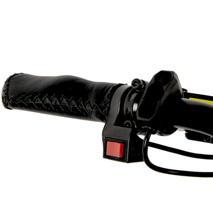 Close-up of an e-bike handlebar grip with a red power button, offering easy access for control during rides.