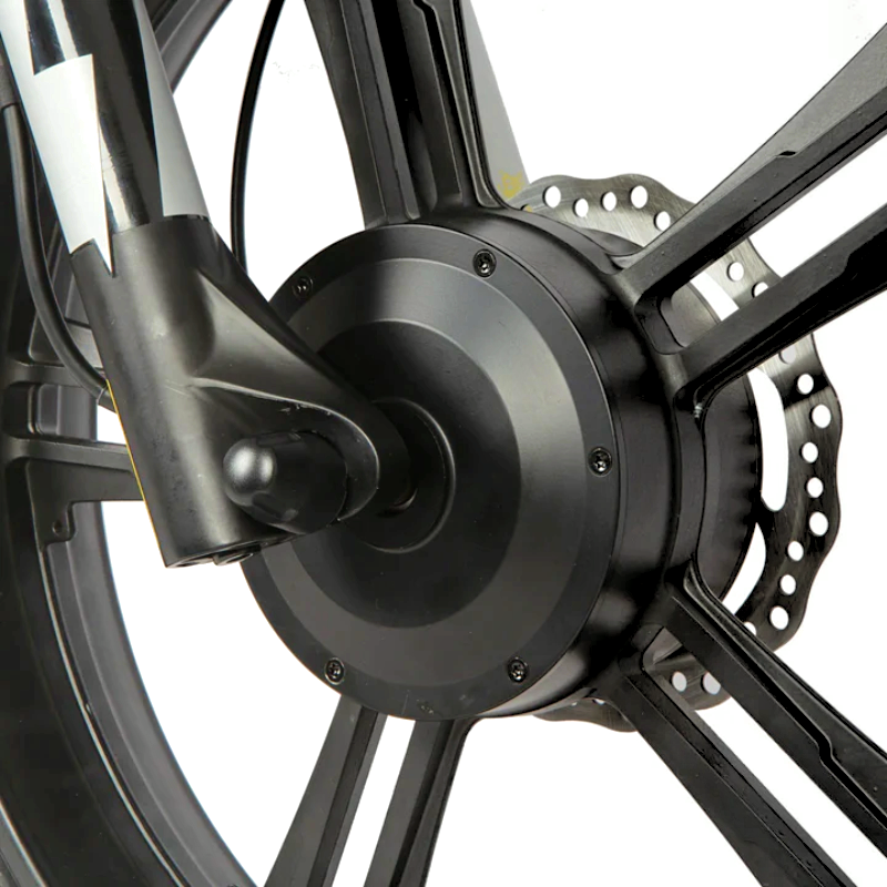 FLASHClose-up of an e-bike's front hub motor and disc brake rotor, showcasing the integrated wheel design for efficient power and braking performance. Moped 3 simultaneous eBike Battery 220 Miles Endurance