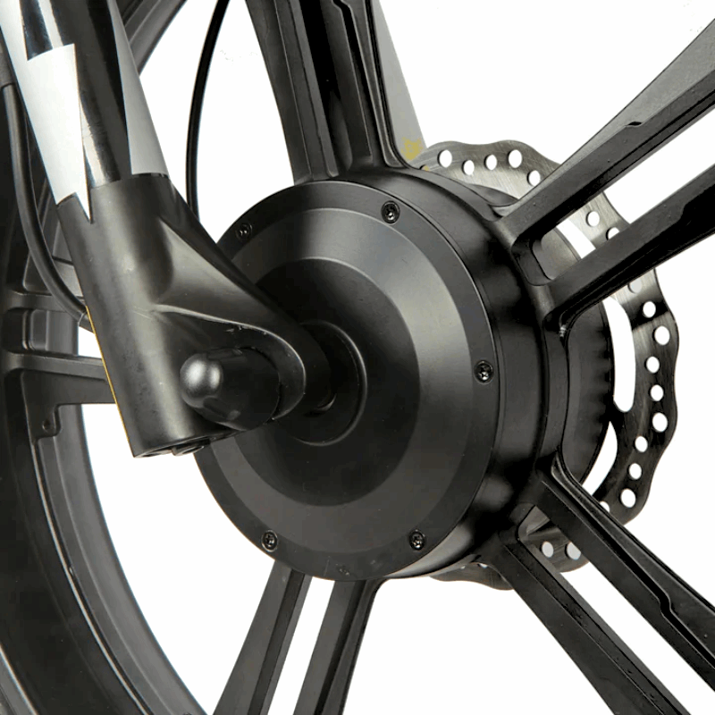 FLASHClose-up of an e-bike's front hub motor and disc brake rotor, showcasing the integrated wheel design for efficient power and braking performance. Moped 3 simultaneous eBike Battery 220 Miles Endurance