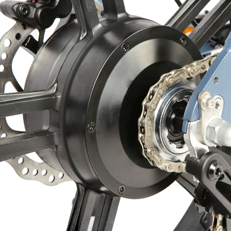 Close-up of an e-bike's rear hub motor and chain, showcasing the powerful drive system for smooth power transfer.