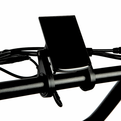 Close-up of an e-bike's handlebar-mounted digital display, showing a sleek and minimalist design for easy visibility during rides.