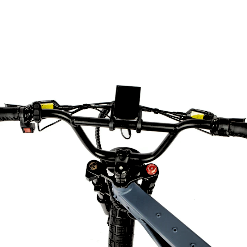 View of an e-bike's handlebar setup from the rider's perspective, showcasing the digital display, control buttons, and brake levers for easy access and visibility.