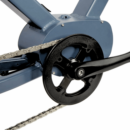 Close-up of an e-bike's crankset and chain, highlighting the sturdy design and efficient power transfer system.