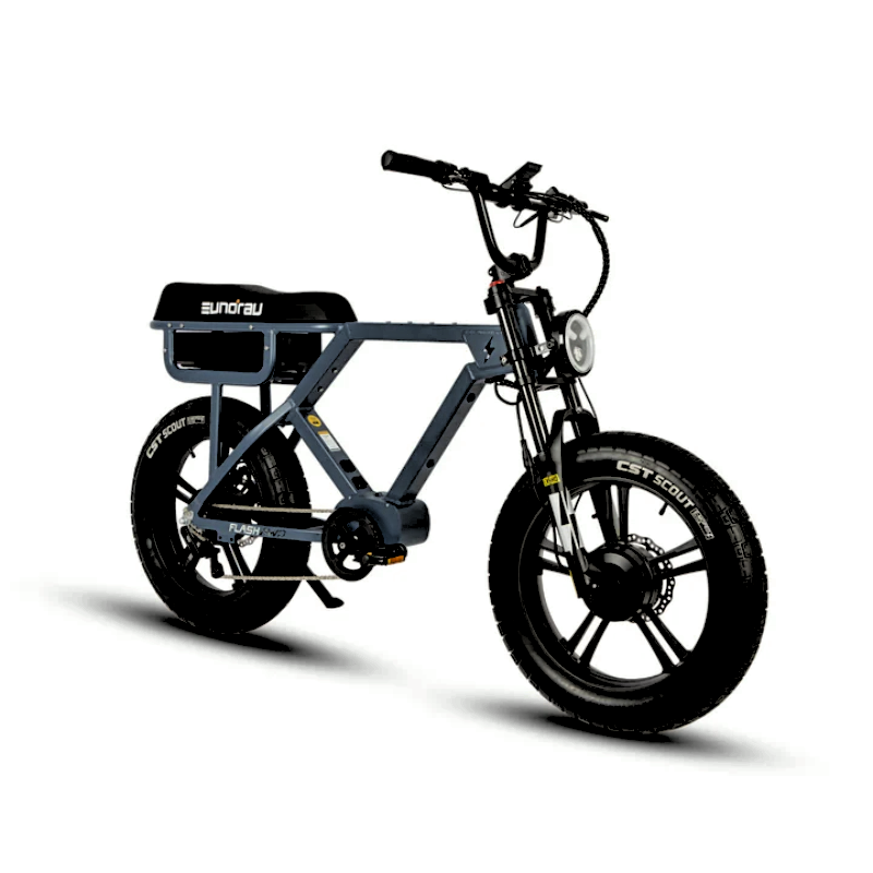 Front Angle View of Moon Black FLASH Moped 3 simultaneous eBike Battery 220 Miles Endurance