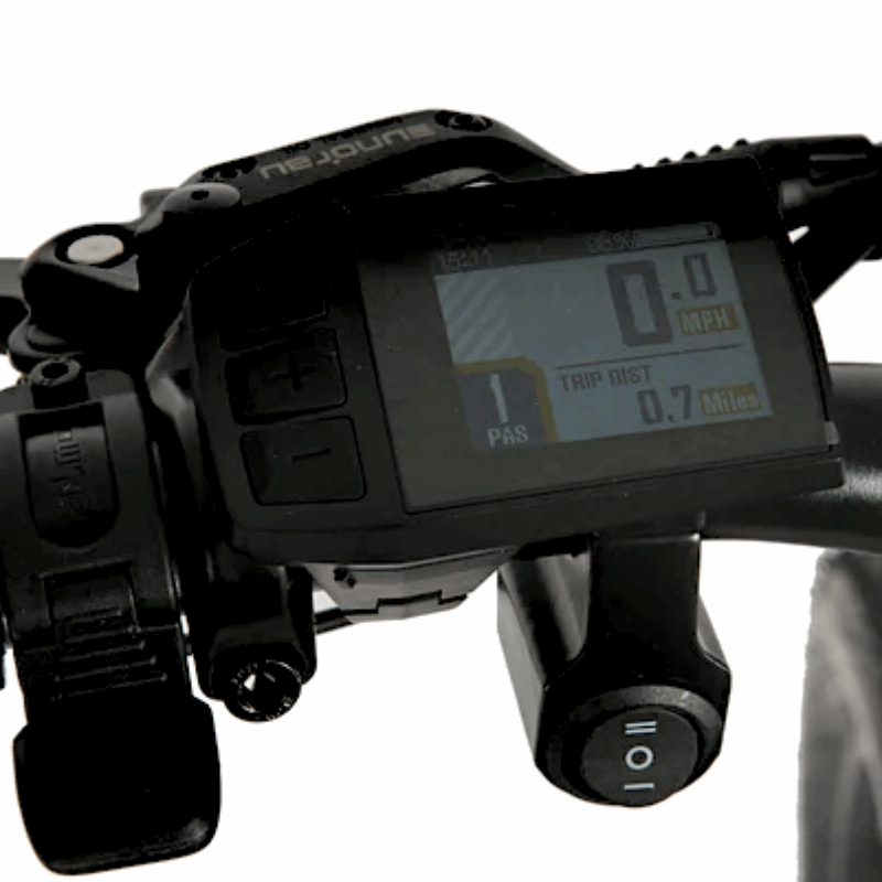 LCD display on an e-bike providing essential information such as battery life, speed, and mileage. Featuring waterproof connectors and paired with an app for syncing data like calorie tracking, trip records, and social networking. Also includes gear shifter for smooth terrain navigation and a comfortable saddle for an enjoyable ride.