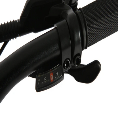 Close-up of an e-bike gear shifter, designed for smooth and reliable shifting across various terrains, showcasing a clear gear indicator and ergonomic grip for efficient performance.